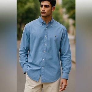 RALPH LAUREN YARMOUTH PONY LOGO OXFORD LONG SLEEVE BLUE SHIRT SZ 17-36